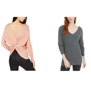 Bar III Ribbed Twist Back V-Neck Sweater Women's S Gray